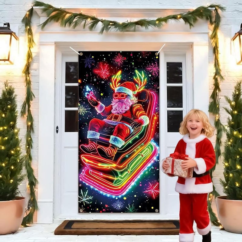 UV Fluorescent Santa Door Cover 3x6ft Christmas Porch Decor Banner For Outdoor Wall - Image 3