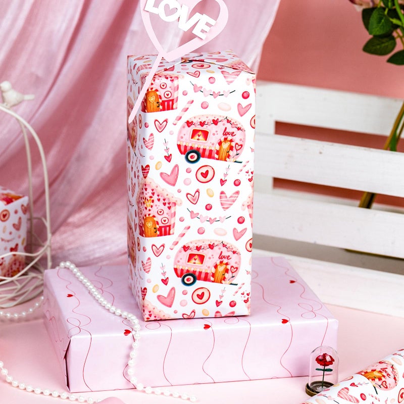 MAYPLUSS Valentines Day Wrapping Paper, Pink Heart Wrap Paper Love Car House Gift Wrapping Roll for Girl Anniversaries Romantic Celebration, 17IN X 16.5FT - Image 3