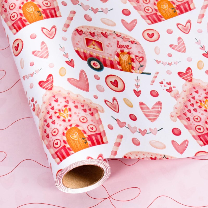 MAYPLUSS Valentines Day Wrapping Paper, Pink Heart Wrap Paper Love Car House Gift Wrapping Roll for Girl Anniversaries Romantic Celebration, 17IN X 16.5FT - Image 1