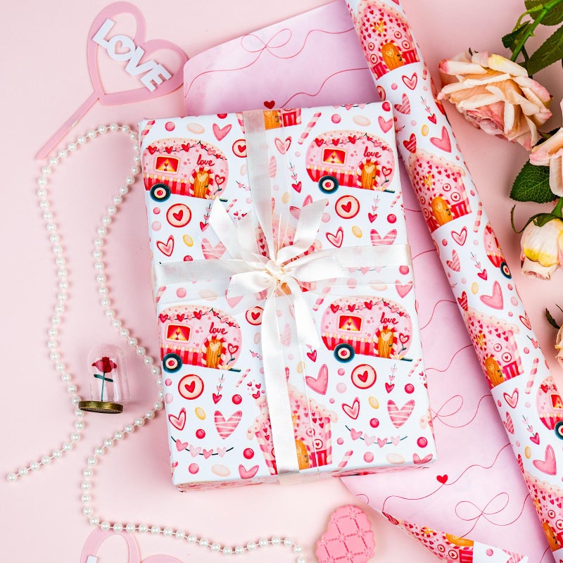 MAYPLUSS Valentines Day Wrapping Paper, Pink Heart Wrap Paper Love Car House Gift Wrapping Roll for Girl Anniversaries Romantic Celebration, 17IN X 16.5FT - Image 2