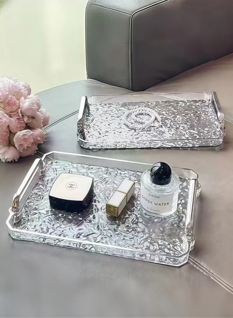 AGREON 2 PCS Serving Tray, With Silver Polished Metal Handles, Serving Plate, Wavy Pattern Clear Tray, Spill-Proof Tray, Decorative Serving Tray for Coffee Table, Tea, Storage Rectangular, Living Room, Bedroom - Image 1