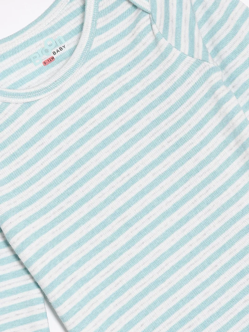 Broon Broon Infant Girls Sea Blue and Striped Green Printed Pure Organic Cotton Bodysuit Pack of 2