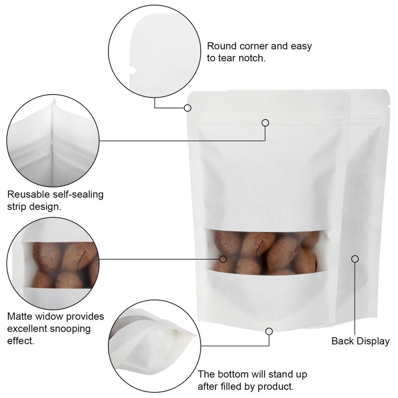 Blisstime 50 Pieces Resealable Bags for Small Business, White Kraft Paper Stand Up Pouches with Matte Window Reusable Heat Sealable Bags for Packaging (3.9 X 5.9 Inches) - Image 3