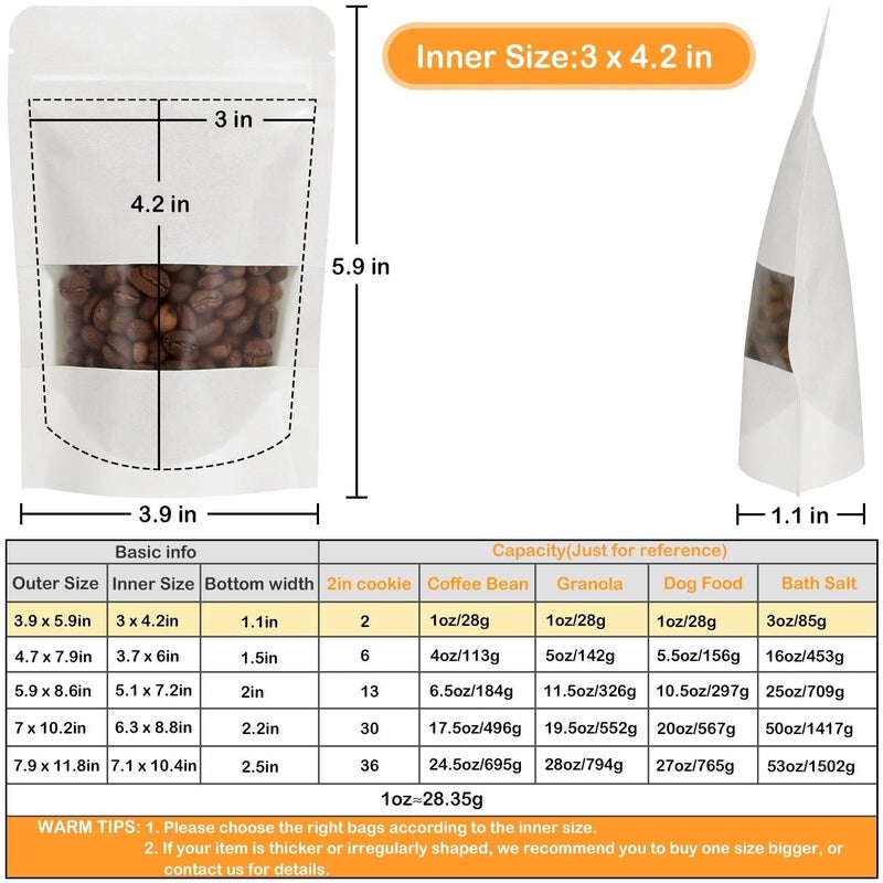 Blisstime 50 Pieces Resealable Bags for Small Business, White Kraft Paper Stand Up Pouches with Matte Window Reusable Heat Sealable Bags for Packaging (3.9 X 5.9 Inches) - Image 2