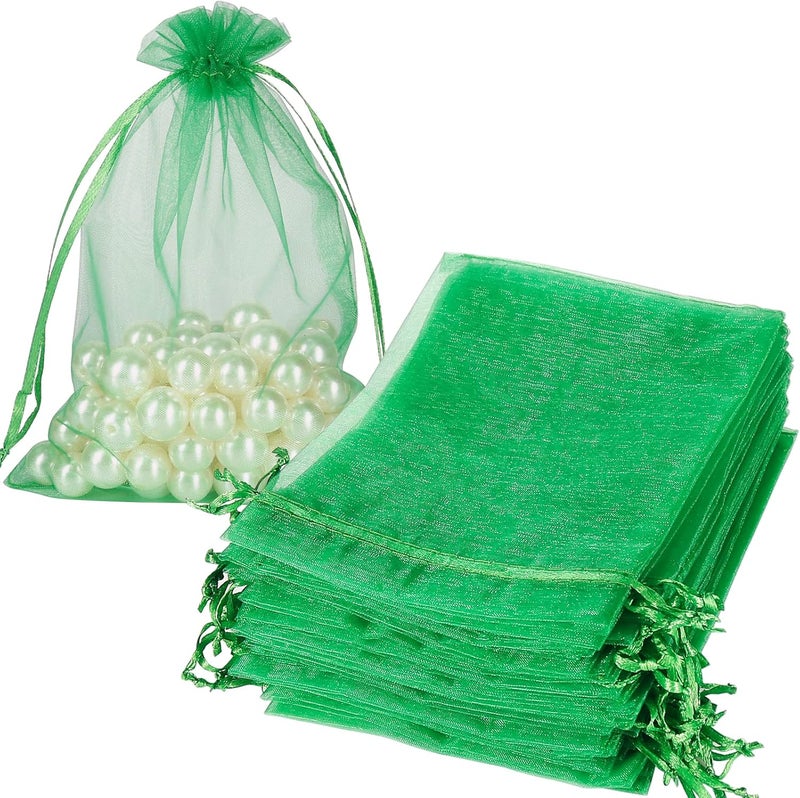 HRX Package 100pcs Organza Bags Green, 5x7 inch Mesh Drawstring Gift Bags Jewelry Pouches for Christmas Candy Party Favor - Image 1