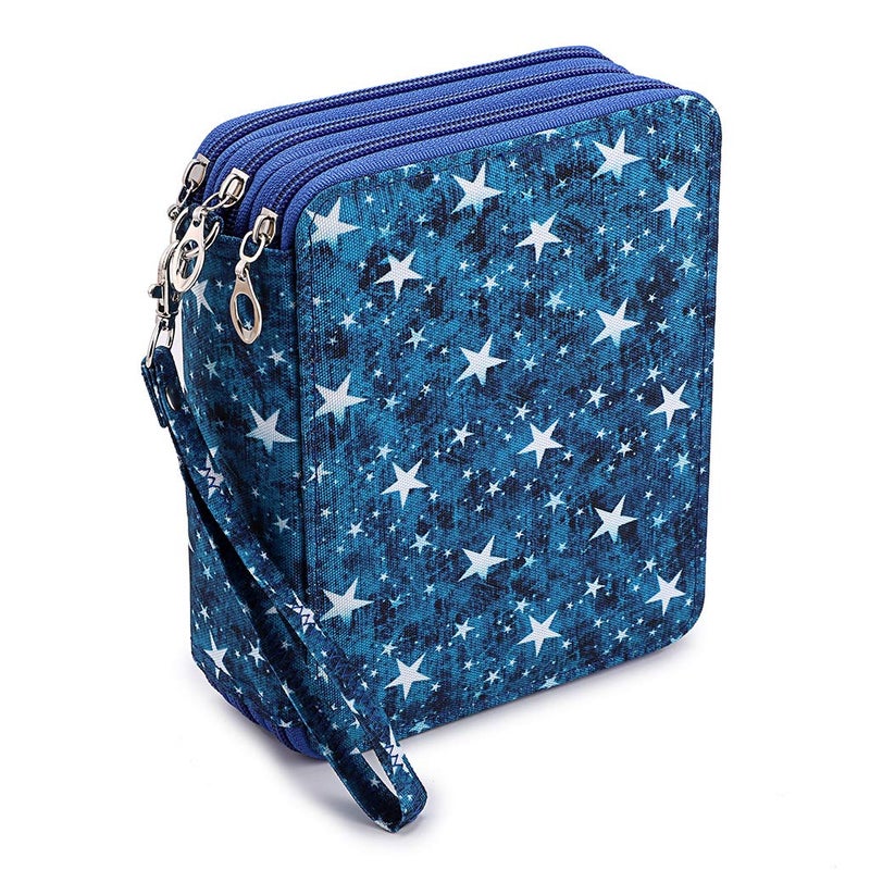 BTSKY Zippered Pencil CaseCanvas 72 Slots Handy Pencil Holders with Printing Pattern for Prismacolor Watercolor Pencils Crayola Colored Pencils Marco Pencils Blue Stars
