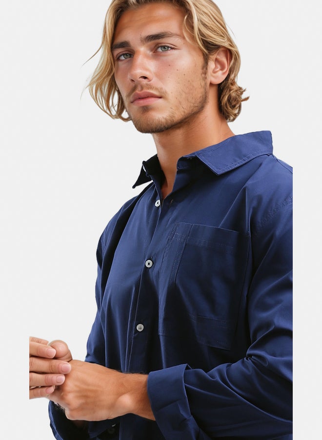 RAVIN Solid Navy Cotton Shirt with Front Pocket - Image 1