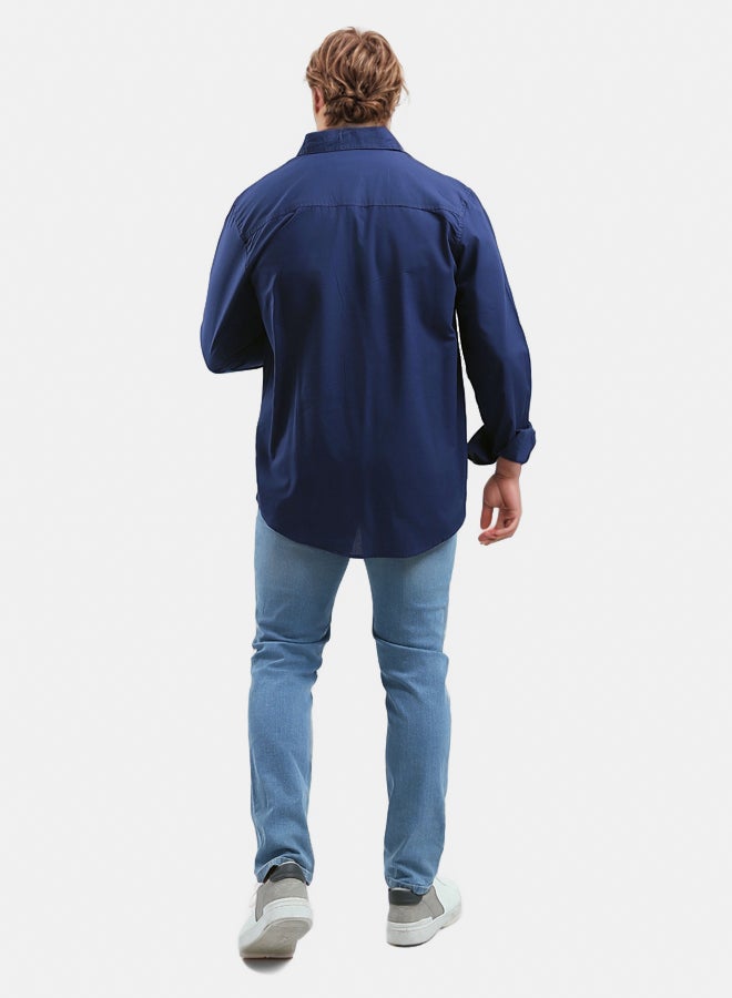 RAVIN Solid Navy Cotton Shirt with Front Pocket - Image 2
