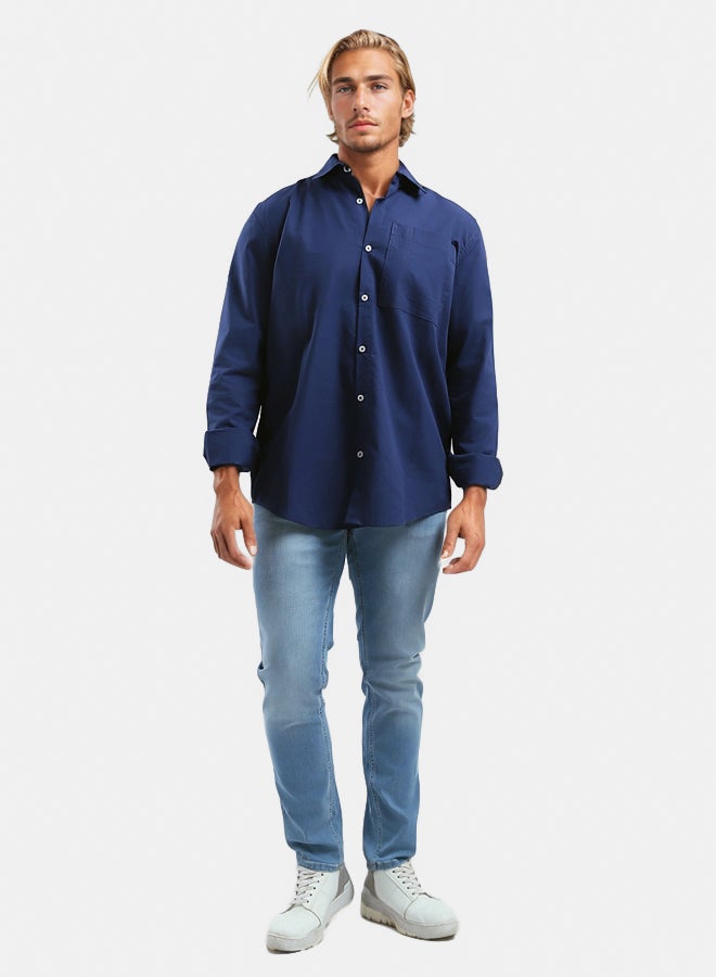 RAVIN Solid Navy Cotton Shirt with Front Pocket - Image 3