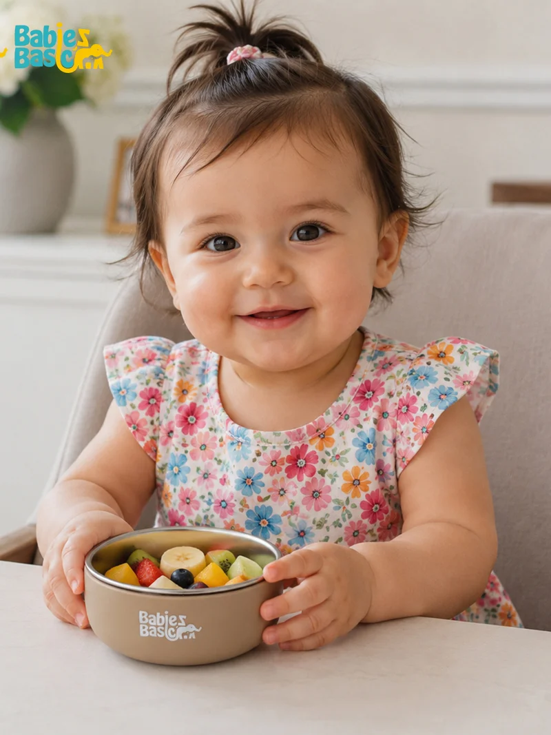 Babies Basic Babies Basic Stainless Steel Bowl with Silicone Sleeve for Kids, Brown