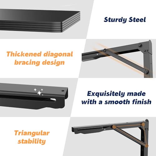 Ultrawall 24 inch Black Sturdy Folding Shelf Brackets, Heavy Duty Adjustable Steel Wall Mounted Collapsible Shelf Bracket, Max Load 550lb - Image 3