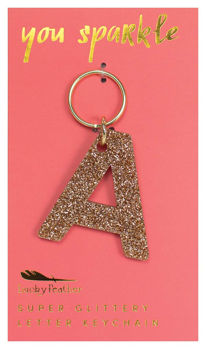 Lucky Feather Letter A Keychain Accessories for Women, Gold Glitter Initial Key Ring - Image 2