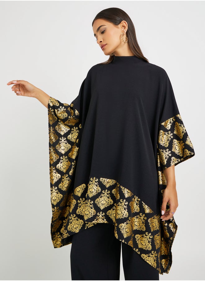 Styli Foil Printed Cape Look Top and Wide Leg Pants Set  - Image 3