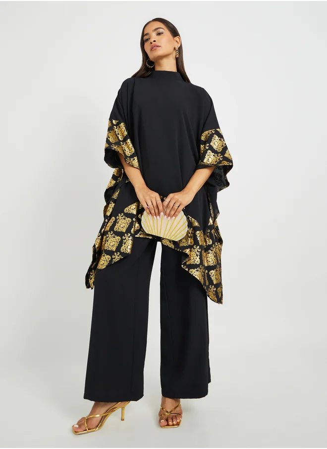 ستايلي Foil Printed Cape Look Top and Wide Leg Pants Set