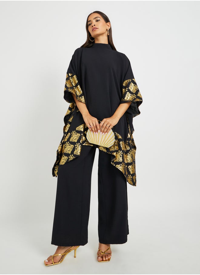 Styli Foil Printed Cape Look Top and Wide Leg Pants Set  - Image 2
