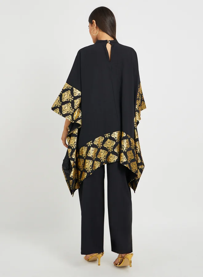 Styli Foil Printed Cape Look Top and Wide Leg Pants Set