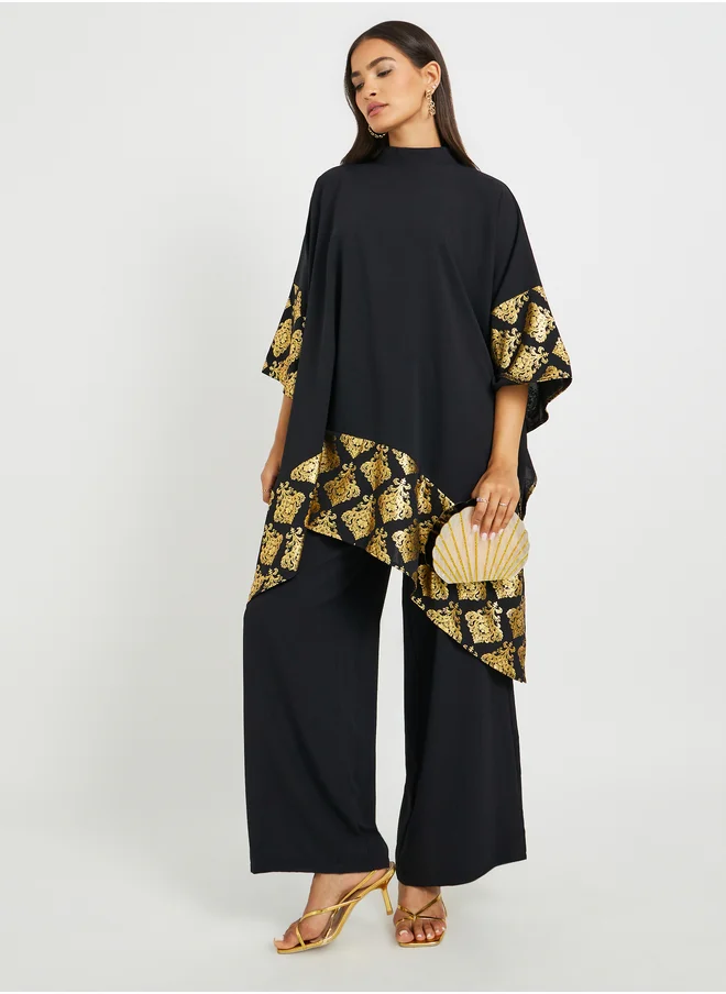 ستايلي Foil Printed Cape Look Top and Wide Leg Pants Set