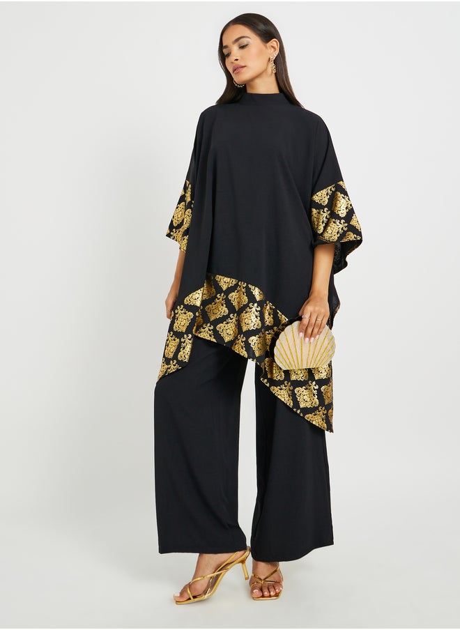 Styli Foil Printed Cape Look Top and Wide Leg Pants Set  - Image 1