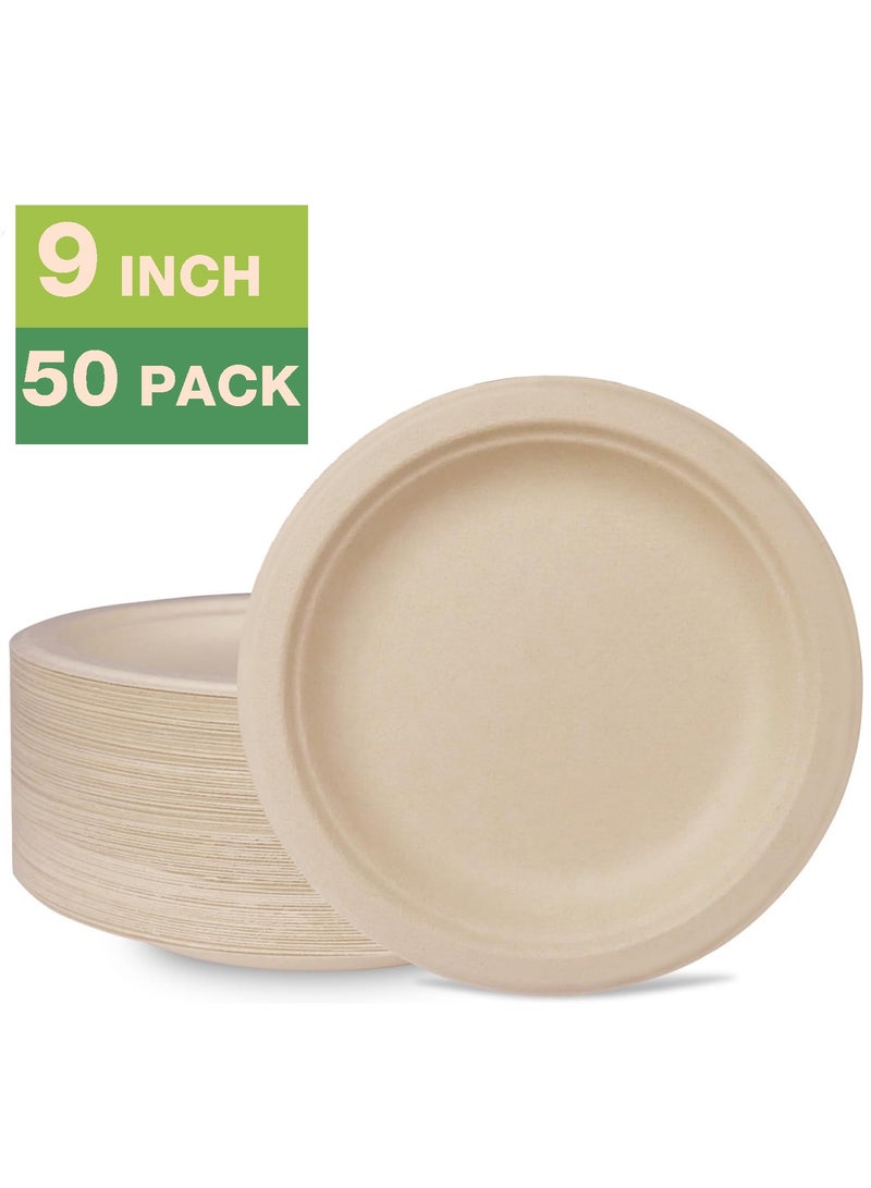 Paper Plates, 100% Compostable Heavy Duty, Disposable 9 Inch, Small Dessert Plate - [50-Pack]- Eco-Friendly, Biodegradable Bagasse Natural Brown Small Plates  - Image 1