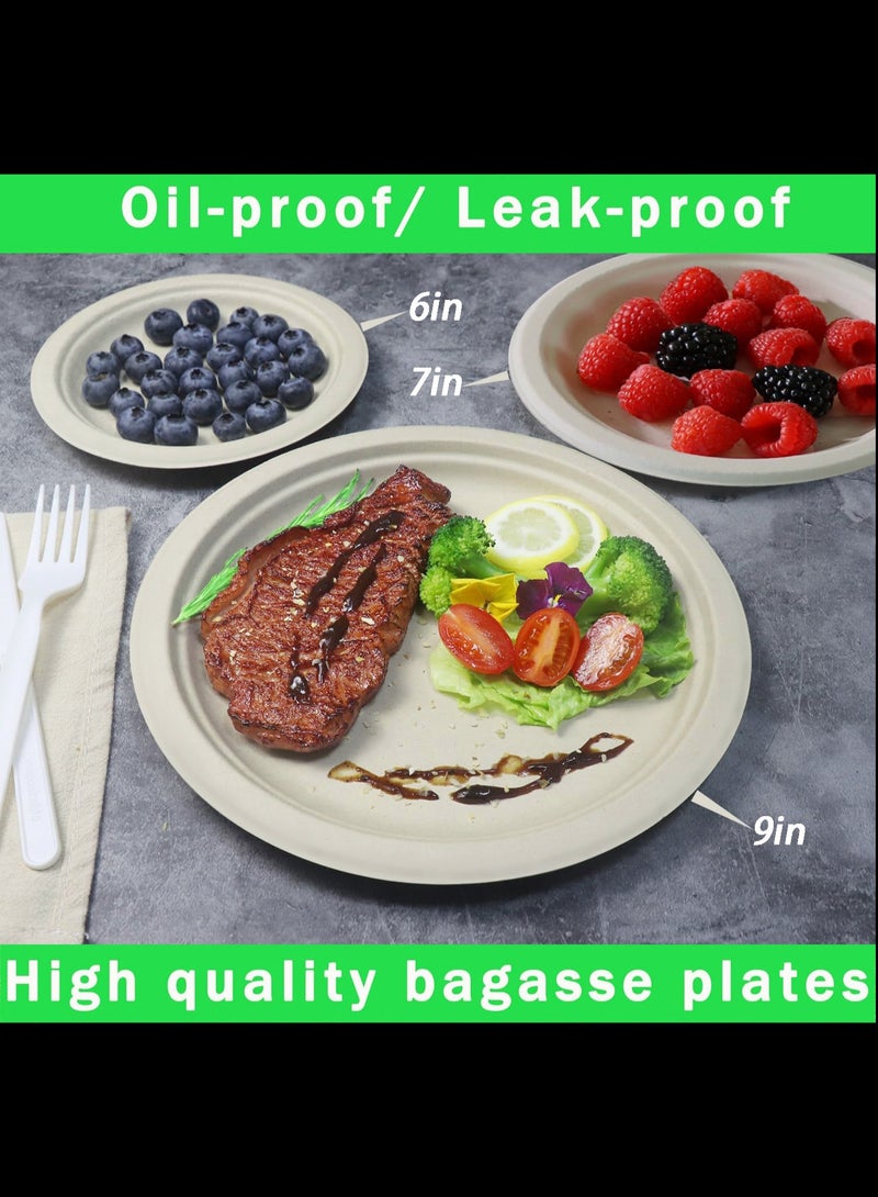 Paper Plates, 100% Compostable Heavy Duty, Disposable 9 Inch, Small Dessert Plate - [50-Pack]- Eco-Friendly, Biodegradable Bagasse Natural Brown Small Plates  - Image 3