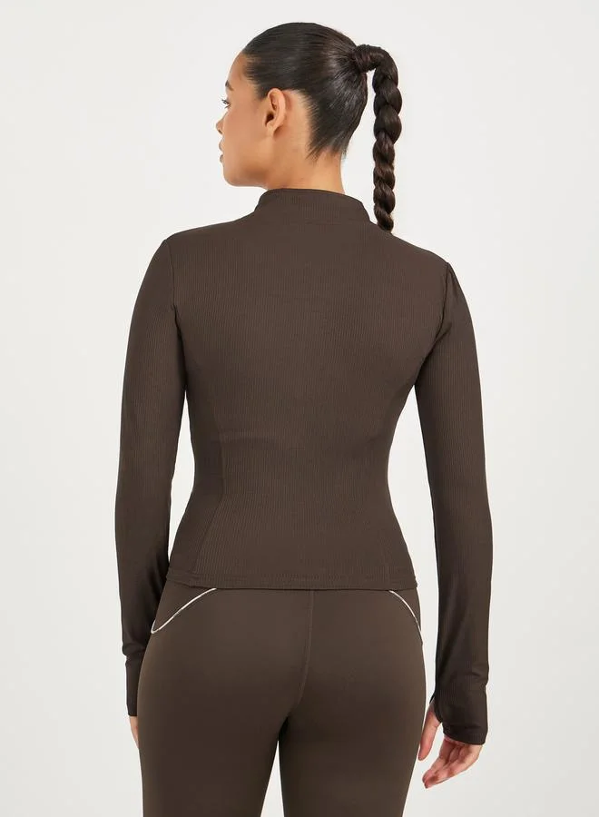 Styli Rib Textured Thumbhole Detail Zip Up Jacket
