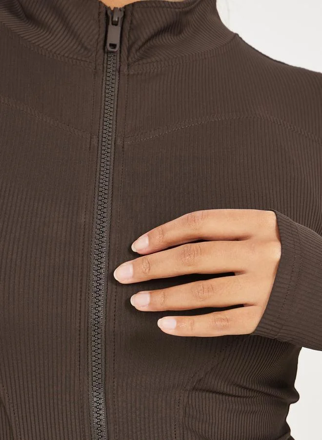 Styli Rib Textured Thumbhole Detail Zip Up Jacket