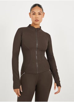 Rib Textured Thumbhole Detail Zip Up Jacket
