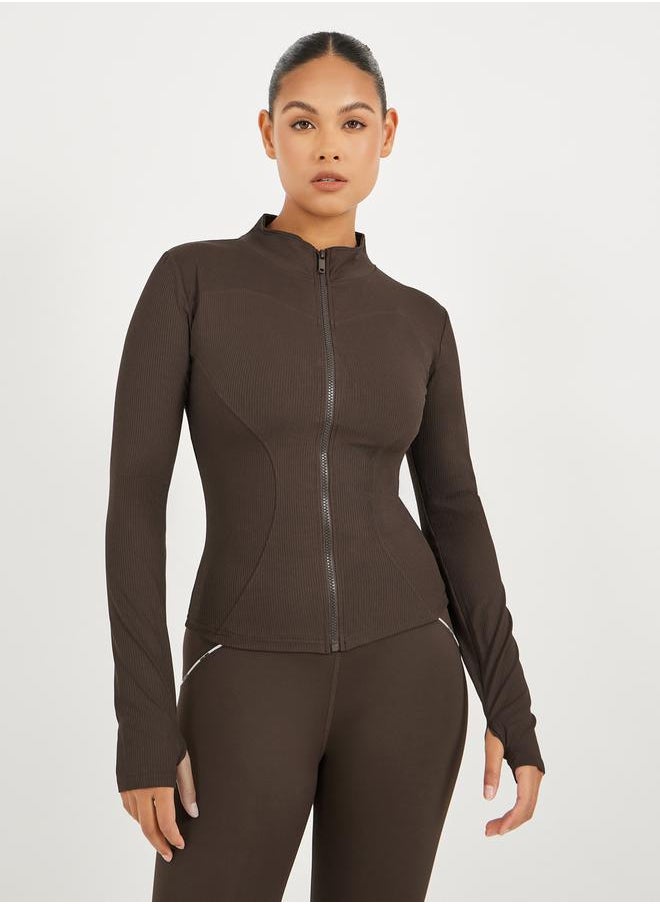 Styli - Rib Textured Thumbhole Detail Zip Up Jacket - Image 1
