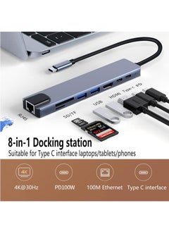 Generic 8 in 1 USB Type C Hub, 4K@30Hz, 2.0 3.0 Port, Ethernet, PD100W Charging, SD TF Card Reader, Compatible with USB Laptops and Other Devices, 8 in 1  - Image 2