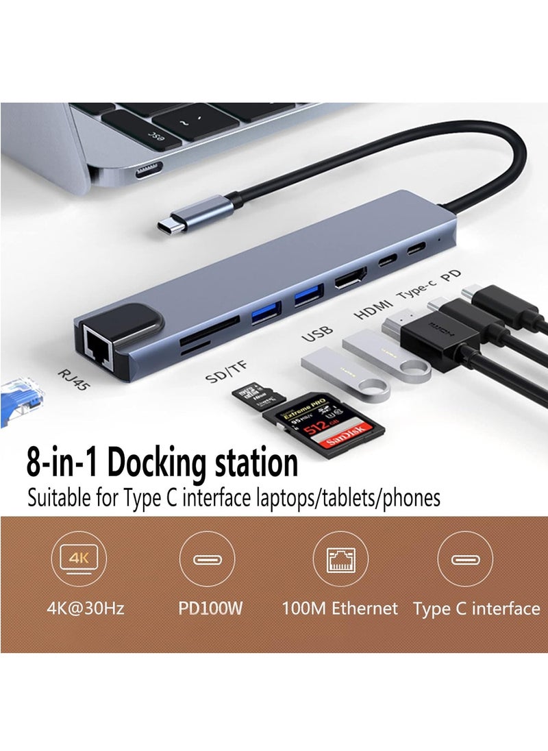 Generic - 8 in 1 USB Type C Hub, 4K@30Hz, 2.0 3.0 Port, Ethernet, PD100W Charging, SD TF Card Reader, Compatible with USB Laptops and Other Devices, 8 in 1 - Image 1