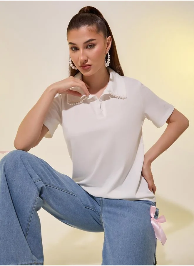 تايك تو Take Two Pearls Embellishment Detail Polo T-Shirt