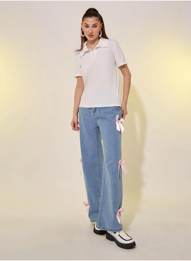 تايك تو Take Two Pearls Embellishment Detail Polo T-Shirt