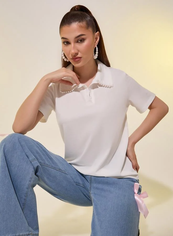 Take Two Pearls Embellishment Detail Polo T-Shirt