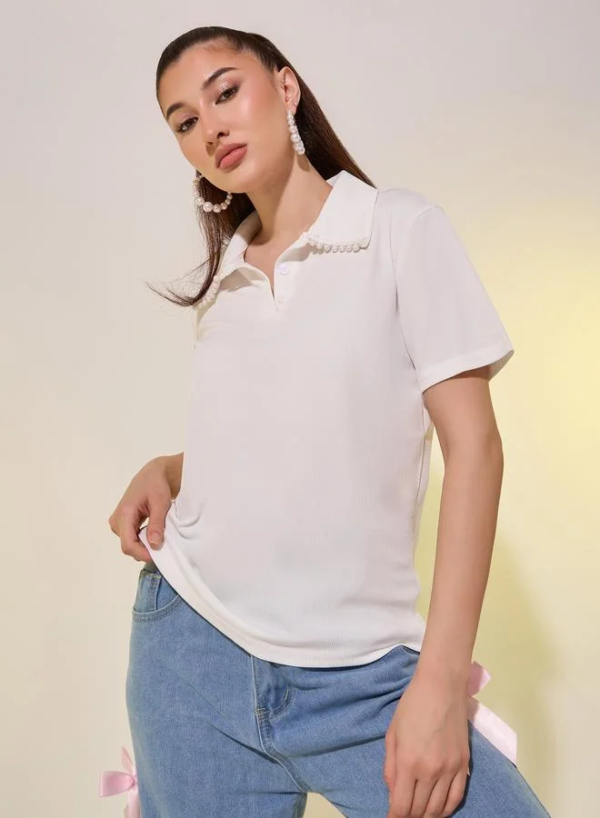 Take Two Pearls Embellishment Detail Polo T-Shirt