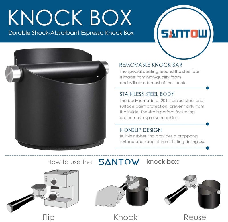 SANTOW صندوق قهوة ، صندوق إسبريسو أسود مزود بقضيب ضرب قابل للإزالة وقاعدة غير مسننة – مناسب للغسالة الصحية، مصنوع من الفولاذ المقاوم للصدأ، حجم صغير - Image 5
