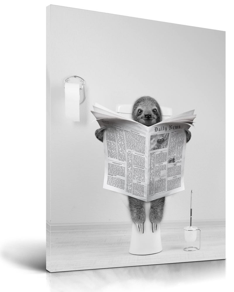UPWOIGH Bathroom Wall Art,12x16in Black and White Sloth Wood Wall Decor,Animal Reading Newapapers Abstract prints for Bedroom Classroom 1 Pack Gift - Image 1