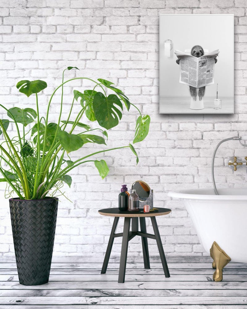 UPWOIGH Bathroom Wall Art,12x16in Black and White Sloth Wood Wall Decor,Animal Reading Newapapers Abstract prints for Bedroom Classroom 1 Pack Gift - Image 3
