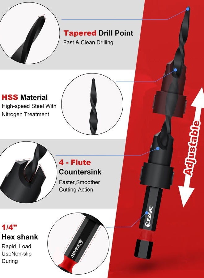 EZARC Countersink Drill Bit Set, 15 PCS Tapered Drill Bits Counter Sink Drill Bit with 2PCS Wood Plug Cutter 1/4" Hex Shank Quick Change for Woodworking with Storage Box - Image 3
