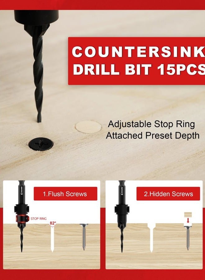 EZARC Countersink Drill Bit Set, 15 PCS Tapered Drill Bits Counter Sink Drill Bit with 2PCS Wood Plug Cutter 1/4" Hex Shank Quick Change for Woodworking with Storage Box - Image 2