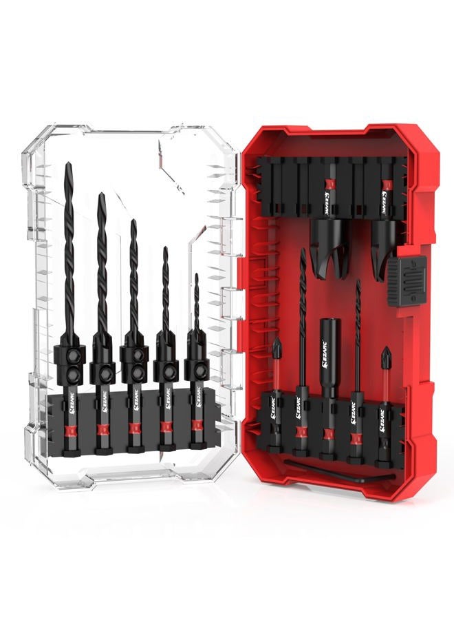EZARC Countersink Drill Bit Set, 15 PCS Tapered Drill Bits Counter Sink Drill Bit with 2PCS Wood Plug Cutter 1/4" Hex Shank Quick Change for Woodworking with Storage Box - Image 1