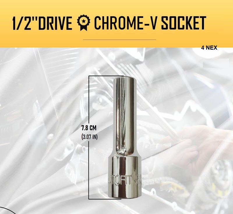 4 NEX 12mm + 14mm + 16mm + 21mm, 1/2" Drive Hex Long Chrome Vanadium Steel, Anti Rust, Heavy Duty Socket - Image 3
