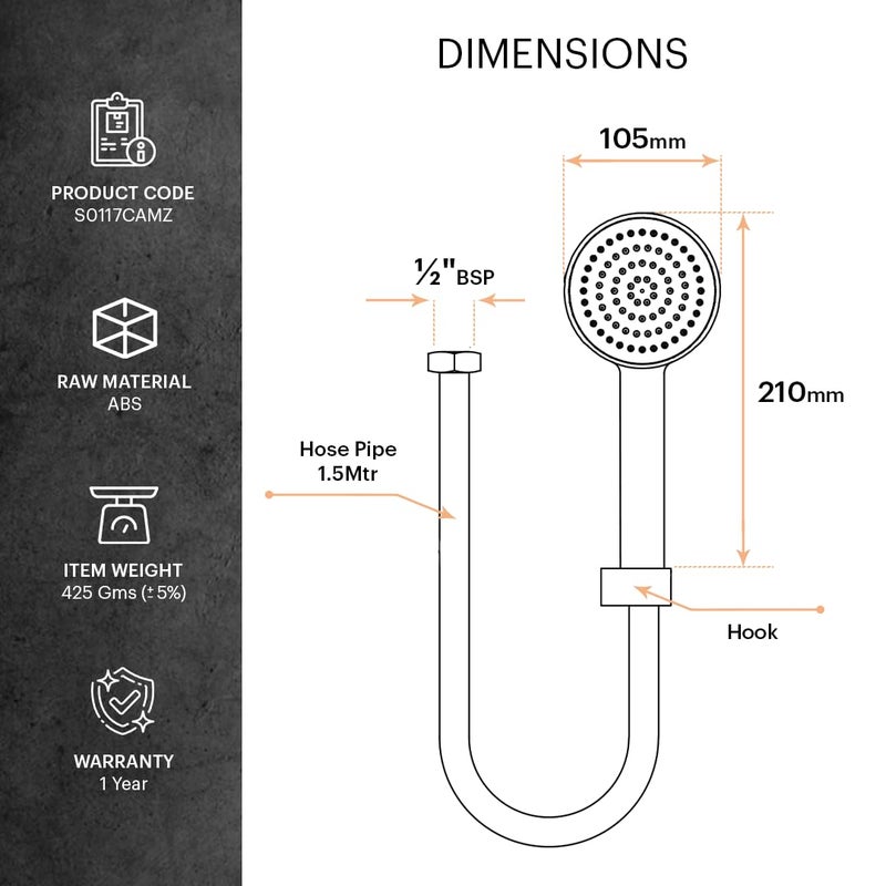 Johnson Bathrooms Johnson Pacific Hand Shower with 15mt Hose Hook Rain flow Handheld Round Shower HighPressure ABS Material AntiCorrosion Single Flow Hand Shower 1 Year Warranty S0117CAMZ Chrome  - Image 2