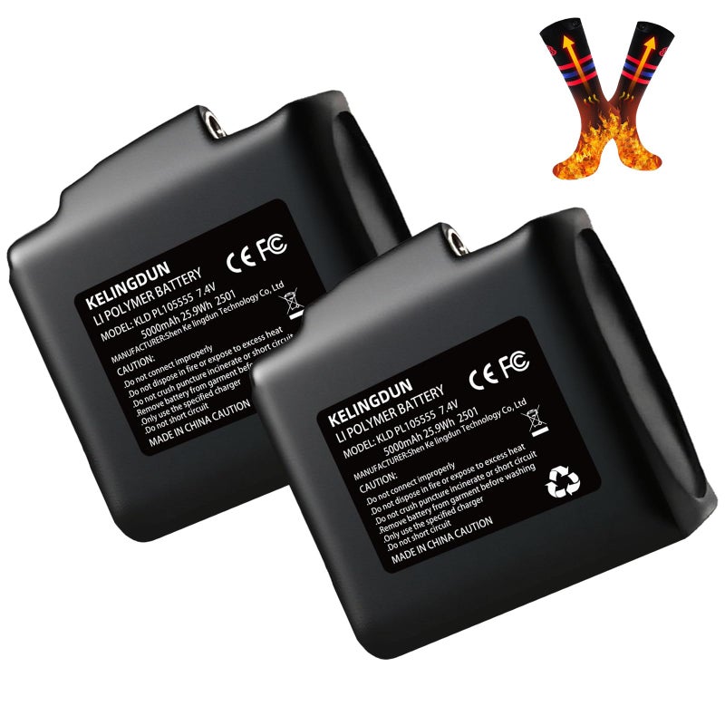 kelingdun 2pcs 5000mAh 7.4V Lithium Polymer Batteries.Rechargeable Li-Polymer Batteries for Heated Gloves, Socks,and Jackets, Ideal for Skiing,Fishing,and Winter Sports. Female DC Jack Compatibility. - Image 1