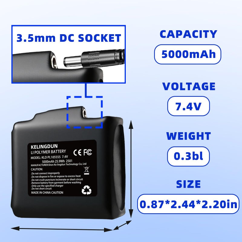 kelingdun 2pcs 5000mAh 7.4V Lithium Polymer Batteries.Rechargeable Li-Polymer Batteries for Heated Gloves, Socks,and Jackets, Ideal for Skiing,Fishing,and Winter Sports. Female DC Jack Compatibility. - Image 2