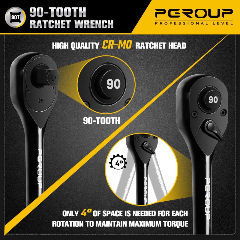 pgroup 3-Piece 90 Tooth Ratchet Wrench Set, 1/4â€, 3/8â€, 1/2â€ Drive Reversible Ratchets, 4-Degree Swing, Ergonomic Handle, Chrome Alloy Made, Quick Release Ratchet Wrenches for Repairing, Home, DIY - Image 3