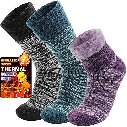 Welwoos Heated Thermal Socks for Women & Men Winter Warm Ski Thick Boot Insulated Gift Socks Stocking Stuffers for Women 3 Pairs (Purple & Blue & Grey B,M) - Image 1