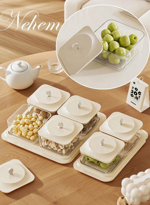 Elegant Creamy White Serving Tray Set with 4 Lidded Nut Containers & Dessert Plates - Multi-Purpose Snack Organizer for Fruits, Nuts, Sweets | Ideal for Home Hospitality, Parties, Festive Gifts