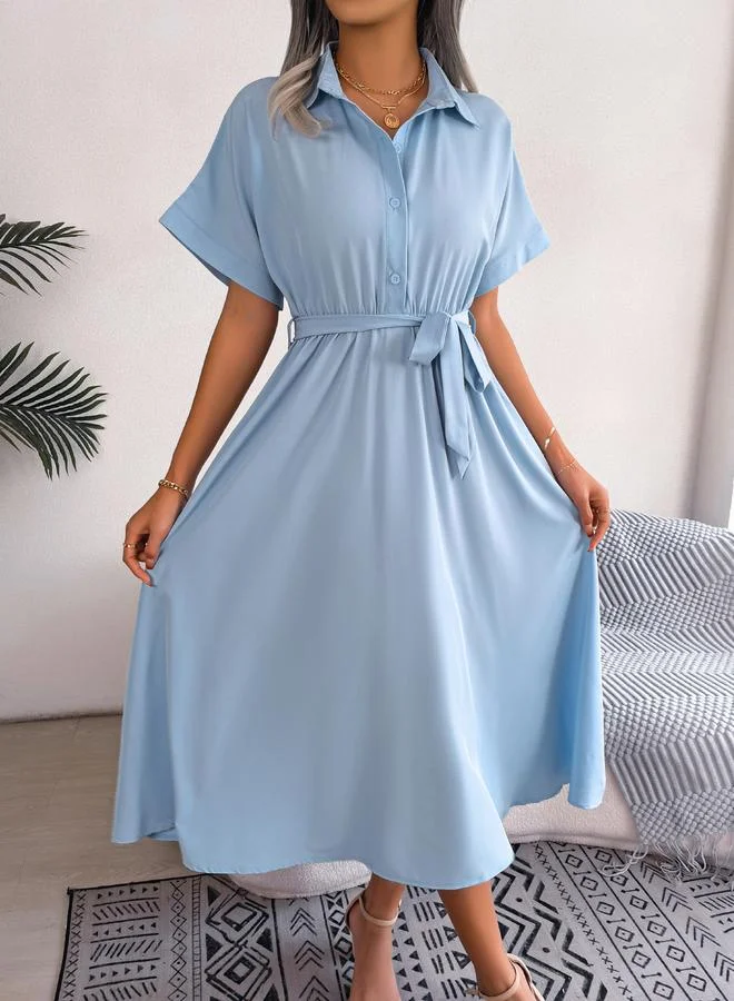 Take Two Blue Solid Midi Dress with Tie-Belt