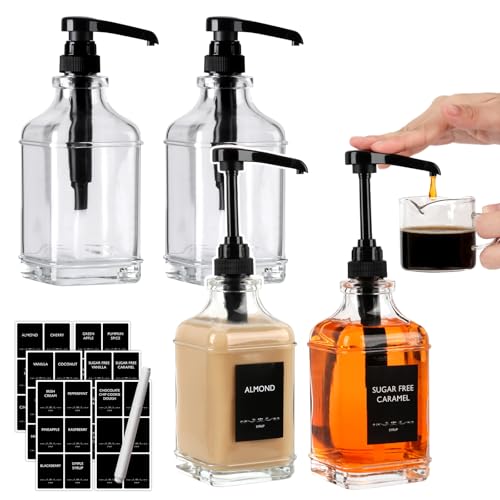 BIGIVACA 4 Pack Coffee Syrup Dispenser 16 ozClear Glass Syrup Bottle with 14oz Capacity PumpSyrup Dispenser for Coffee Bar with Plastic Pump - Image 1