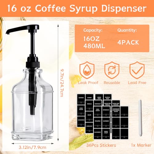 BIGIVACA 4 Pack Coffee Syrup Dispenser 16 ozClear Glass Syrup Bottle with 14oz Capacity PumpSyrup Dispenser for Coffee Bar with Plastic Pump - Image 3